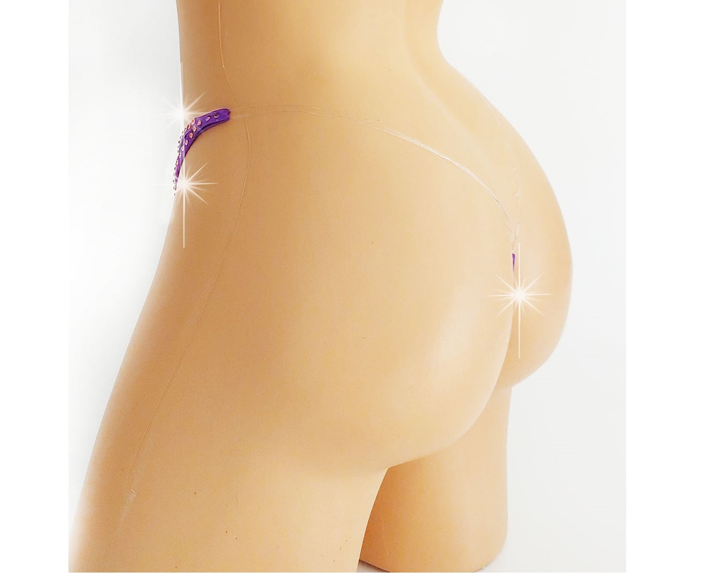 Irridescent purple thong with color changing rhinestones, rear view.