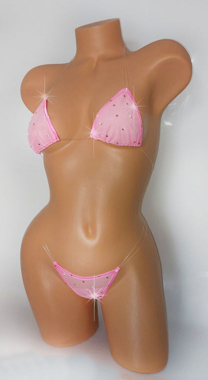 Baby Pink mesh with rhinestones and clear elastic
