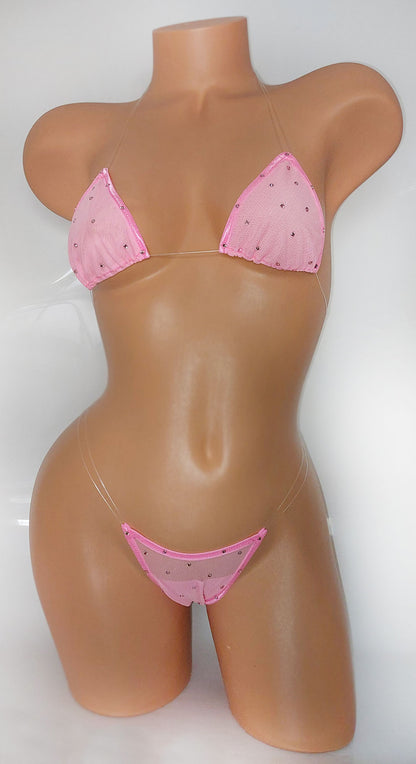 Baby Pink mesh with rhinestones and clear elastic