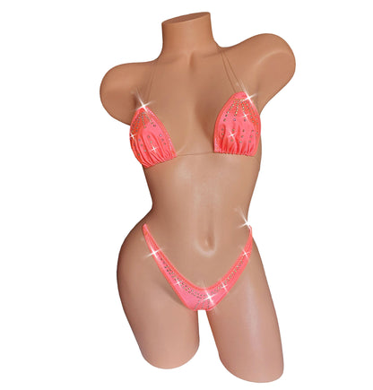 GLOWS in Black Light! Clear invisible transparent elastic two piece Rhinestone thong bikini