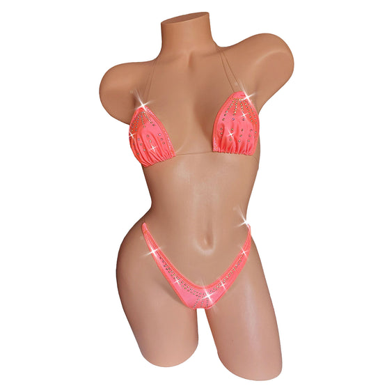GLOWS in Black Light! Clear invisible transparent elastic two piece Rhinestone thong bikini