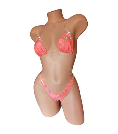 GLOWS in Black Light! Clear invisible transparent elastic two piece Rhinestone thong bikini