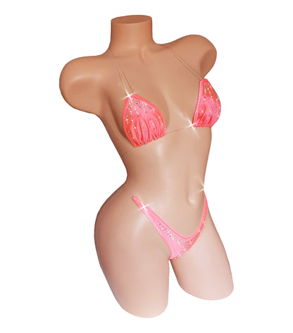 GLOWS in Black Light! Clear invisible transparent elastic two piece Rhinestone thong bikini