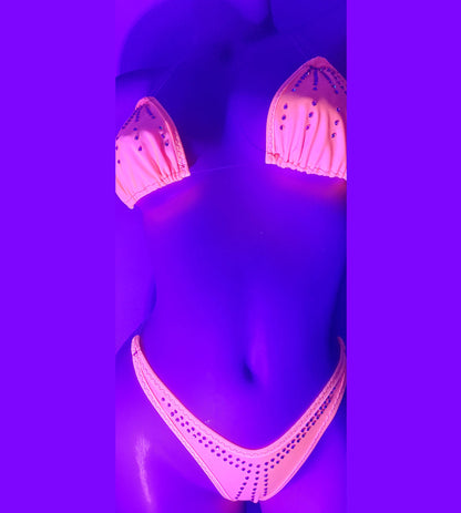 GLOWS in Black Light! Clear invisible transparent elastic two piece Rhinestone thong bikini