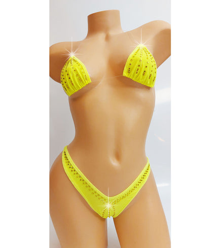 GLOW Yellow Rhinestone micro Illusion bikini - Lingerie for strippers, SW, pole dance and Exotic Dancewear