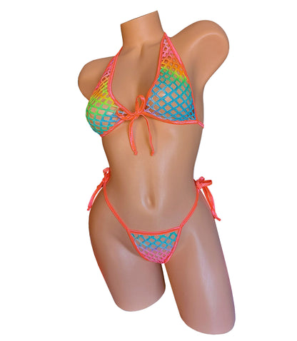 Rainbow fishnet 2 piece bikinis with orange trim.