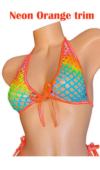 Rainbow fishnet halter bikini top on a mannequin torso with text in orange reading Neon Orange trim.