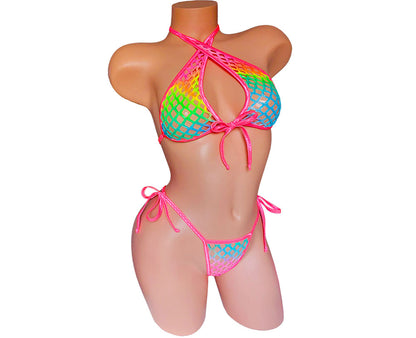 Lined Rainbow fishnet set GLOWS in Black Light! Sexy Fishnet halter & Tie side thong~ 5 CUP sizes! Rave outfits Stripper bikinis Exotic dancer wear pole dance