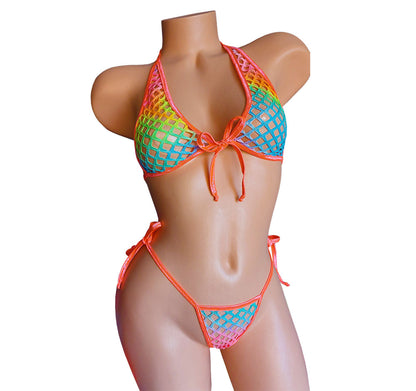 Lined Rainbow fishnet set GLOWS in Black Light! Sexy Fishnet halter & Tie side thong~ 5 CUP sizes! Rave outfits Stripper bikinis Exotic dancer wear pole dance
