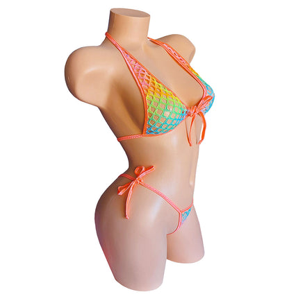 Lined Rainbow fishnet set GLOWS in Black Light! Sexy Fishnet halter & Tie side thong~ 5 CUP sizes! Rave outfits Stripper bikinis Exotic dancer wear pole dance