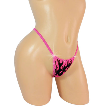 Pink Flame thong bikini with adjustable waistband on a curvy mannequin.