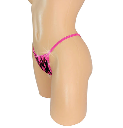 Pink Flame thong bikini with adjustable waistband on a curvy mannequin.