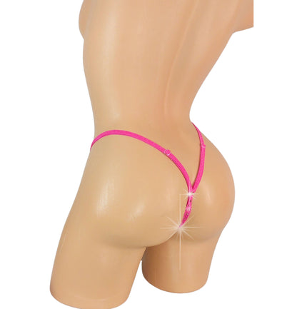 Rear view of Pink Flame thong bikini with adjustable waistband on a curvy mannequin.