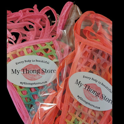 Lined Rainbow fishnet set GLOWS in Black Light! Sexy Fishnet halter & Tie side thong~ 5 CUP sizes! Rave outfits Stripper bikinis Exotic dancer wear pole dance