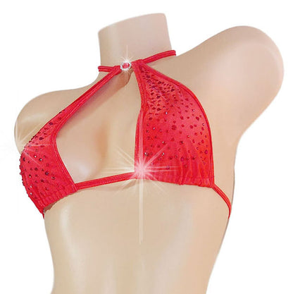 Red rhinestone covered halter crop top.
