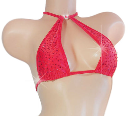 Red rhinestone covered halter crop top.