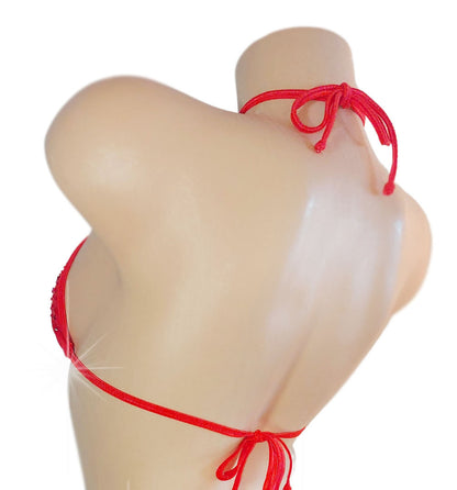 Red rhinestone covered halter crop top rear view.