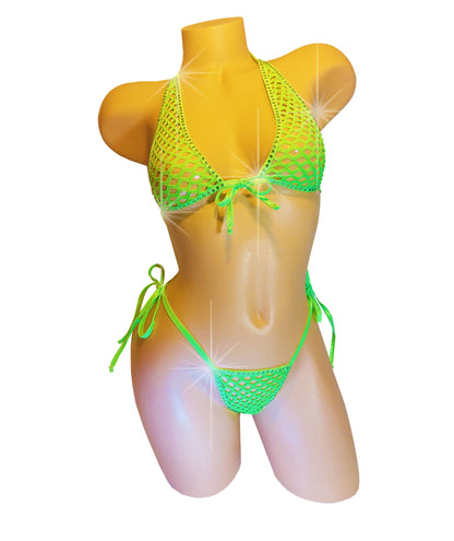 Electric green fishnet halter tie bikini with rhinestone outline on a curvy sexy female mannequin.