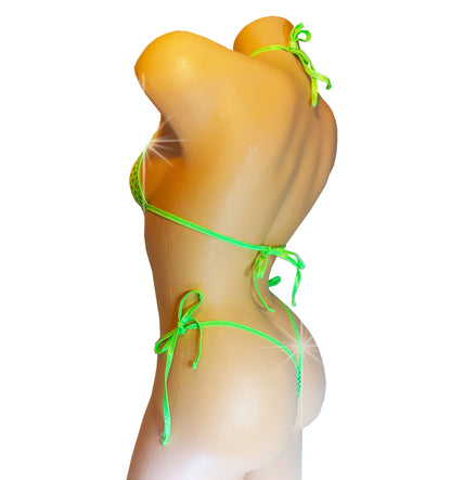 Rear view Electric green fishnet halter tie bikini with rhinestone outline on a curvy sexy female mannequin.