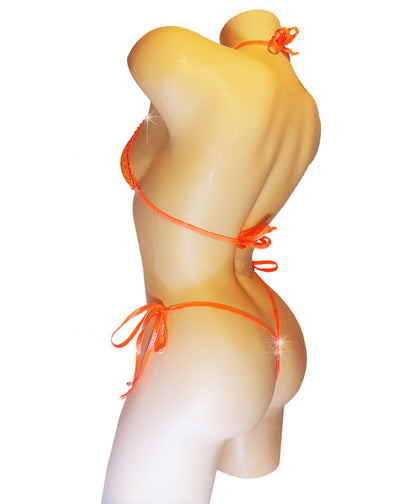 Neon Orange fishnet halter tie bikini with rhinestones.
