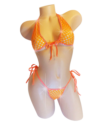 Neon Orange RHINESTONE Fishnet tie halter set - Sexy Rave clothes Stripper outfits & Exotic dancewear designs