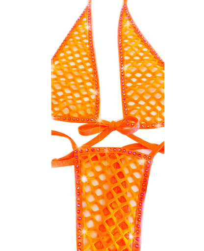 Product shot of Neon Orange fishnet halter tie bikini with rhinestones.
