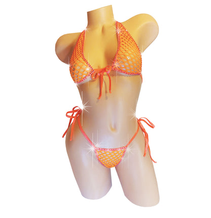 Neon Orange RHINESTONE Fishnet tie halter set - Sexy Rave clothes Stripper outfits & Exotic dancewear designs