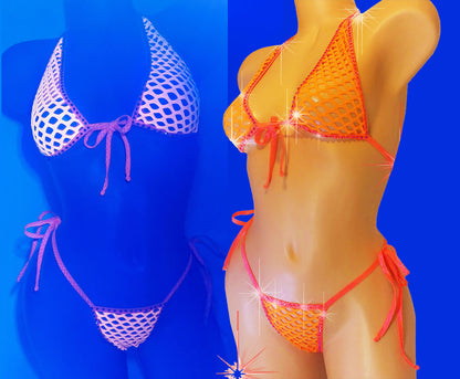 Black light photo and a Neon Orange fishnet halter tie bikini with rhinestones photo.