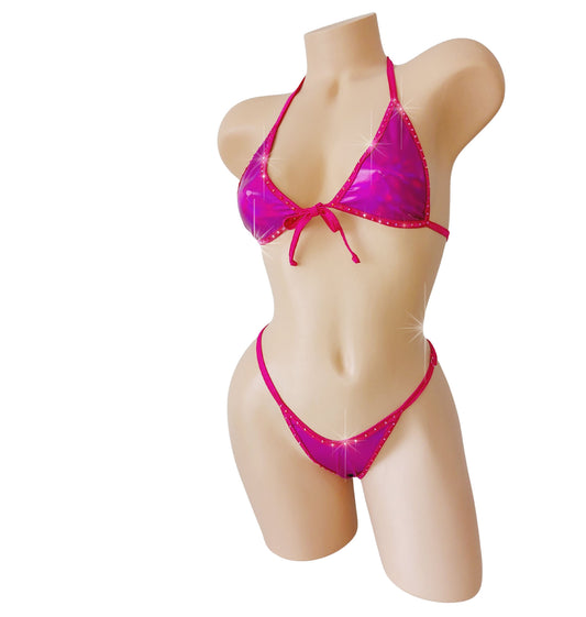 NEW! Mini Halter Wet Look Vinyl Rhinestone RAVE G-string Bikini Set