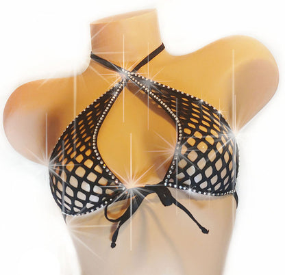 Fishnet Rhinestone LINED halter crop Top - Glow in Black Light colors!! From AA cups to DD cups, XS to XL.  Rave festival Stripper outfits Pole Exotic dancewear
