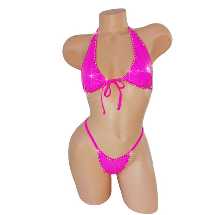 New! Wet Look Vinyl Rhinestone RAVE G-string Bikini Set