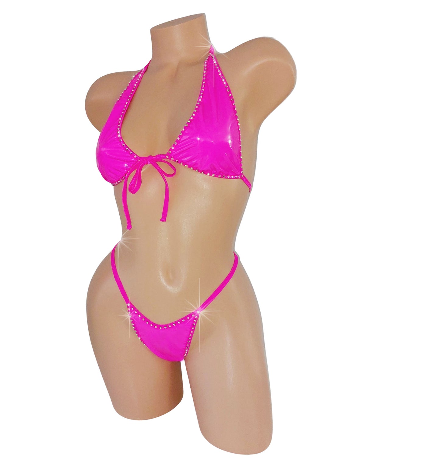 New! Wet Look Vinyl Rhinestone RAVE G-string Bikini Set