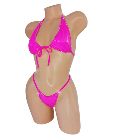 New! Wet Look Vinyl Rhinestone RAVE G-string Bikini Set