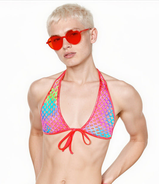 Person wearing a neon rainbow fishnet bikini and red sunglasses on a white background
