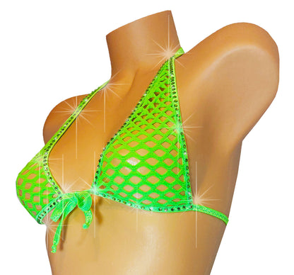 Fishnet Rhinestone LINED halter crop Top - Glow in Black Light colors!! From AA cups to DD cups, XS to XL.  Rave festival Stripper outfits Pole Exotic dancewear