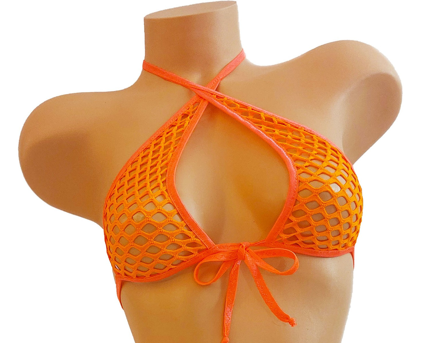 GLOWS in Black Light Neo Green Fishnet - 8 COLORS! 5 Cup sizes! Halter & Adjustable thong set! Rave outfits Stripper bikini Exotic dancewear