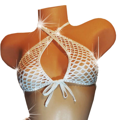 Fishnet Rhinestone LINED halter crop Top - Glow in Black Light colors!! From AA cups to DD cups, XS to XL.  Rave festival Stripper outfits Pole Exotic dancewear