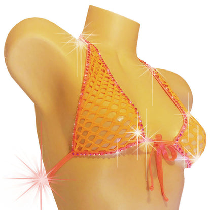 Fishnet Rhinestone LINED halter crop Top - Glow in Black Light colors!! From AA cups to DD cups, XS to XL.  Rave festival Stripper outfits Pole Exotic dancewear