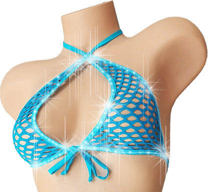 Fishnet Rhinestone LINED halter crop Top - Glow in Black Light colors!! From AA cups to DD cups, XS to XL.  Rave festival Stripper outfits Pole Exotic dancewear