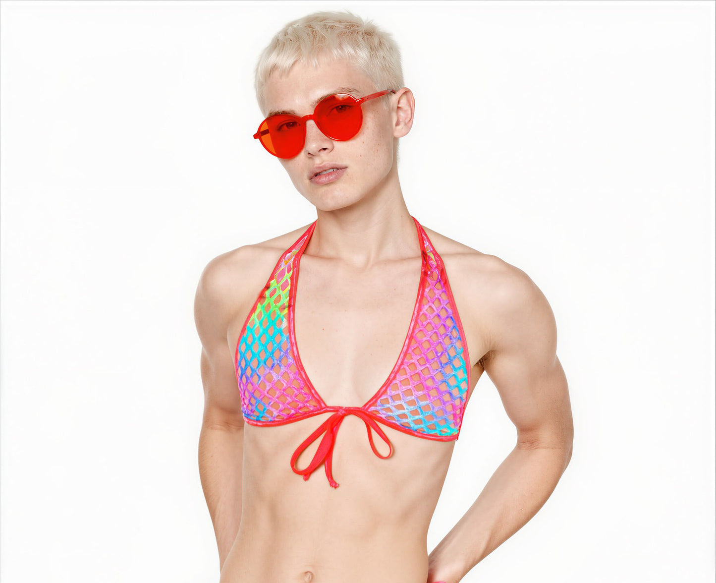 A rainbow fishnet bikini top displayed on a model against a plain white background.