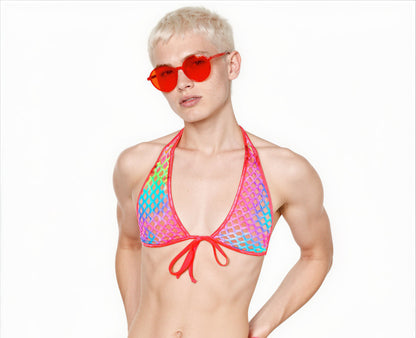 A rainbow fishnet bikini top displayed on a model against a plain white background.