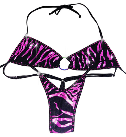 Metallic Purple Zebra with Rainbow Ring - Adjustable Rhinestone bikini for Strippers, Exotic Dancers, Pole Dance & Rave outfits