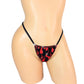 Photo of a sexy thong in Red flame fabric with black trim on a curvy mannequin on a white background.