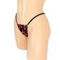 Photo of a sexy thong in Red flame fabric with black trim on a curvy mannequin on a white background.