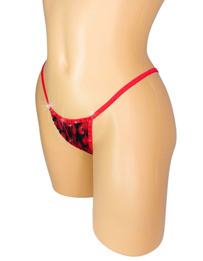 Red flame fabric bikini bottom on a curvy mannequin.