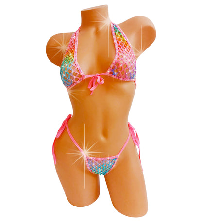 Rainbow fishnet halter bikini  that sparkles on a curvy mannequin.