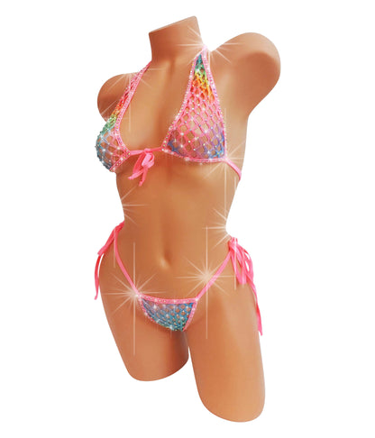 Rainbow fishnet halter bikini  that sparkles on a curvy mannequin.