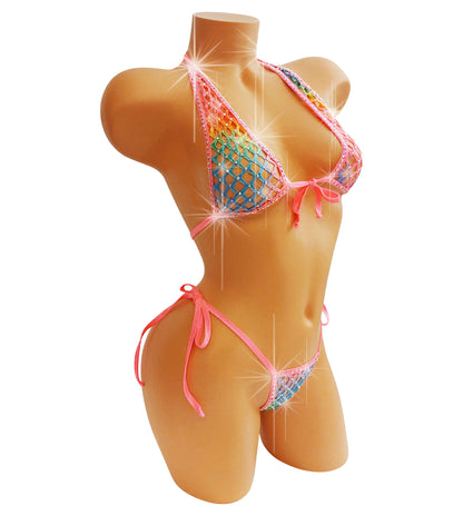 Rainbow fishnet halter bikini  that sparkles on a curvy mannequin.