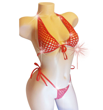 Red fishnet halter top and tie side bottom with rhinestone outline on a curvy mannequin torso.