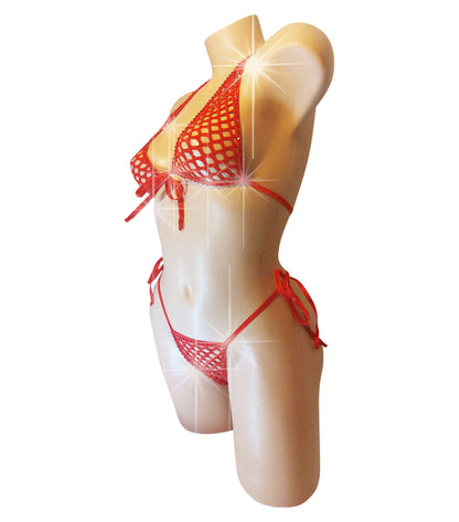 Red fishnet halter top and tie side bottom with rhinestone outline on a curvy mannequin torso.